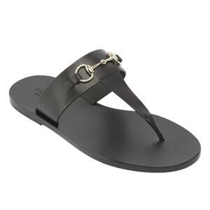Gucci Horsebit Calf Leather Thong Sandal Slide Black Silver Size 37.5